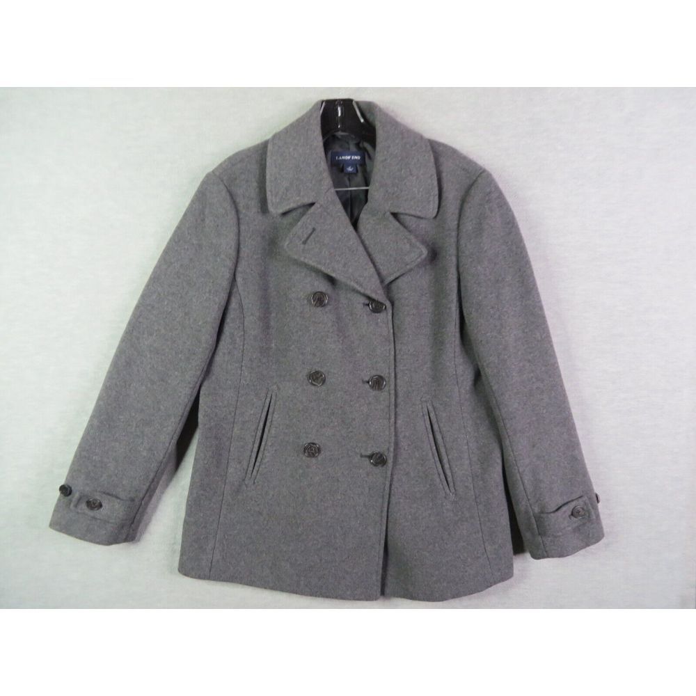 Lands End Womens Coat 10 Gray Wool Pea Coat Double Breasted Long Sleeve Classic
